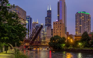 Картинка город, река, Иллиноис, Чикаго, США, мост, вечер