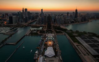 Картинка Chicago, закат, здания, вечер, река, небоскребы, Чикаго
