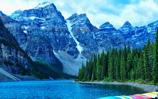 Картинка Канада, горы, озеро, небо, лодки, лес