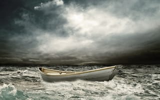 Картинка море, лодка, непогода, облака, волны