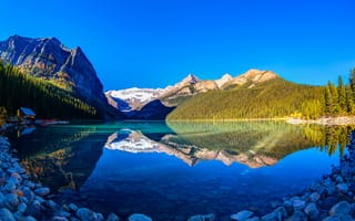 Картинка Lake Louise, Канада, горы, Альберта, озеро, небо, домик, деревья, закат, лодочная станция