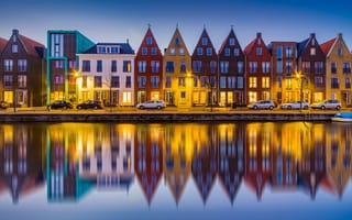 Картинка Нидерланды, река, небо, домики, Амерсфорт, разноцветные, освещение, город, отражение, фонари, вечер