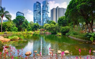 Картинка Гонконг, деревья, пруд, парк, дома, природа