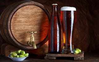 Картинка beer, хмель, стакан, пиво, barrel, бочка