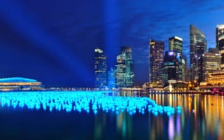 Обои панорама, море, Азия, Singapore, отражение, ночь, отель, Сингапур, огни, небо