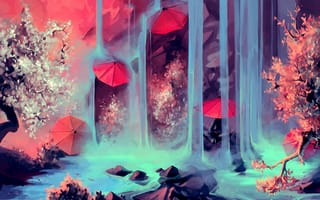 Картинка арт, зонты, камни, водопад, река, дерево