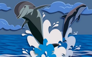 Картинка дельфины, море, вектор, небо, брызги