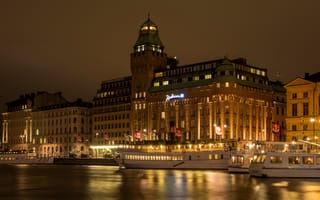 Картинка Швеция, река, Stockholm, ночь, дома, город