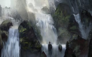 Картинка арт, водопад, камни, люди