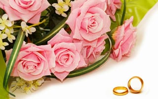 Обои цветы, droplets, flowers, bouquet of roses, wedding rings, капельки, обручальные кольца, букет, розы