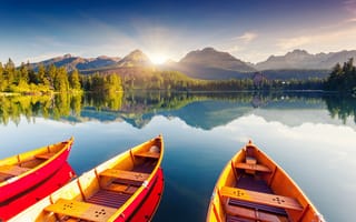 Картинка горное озеро, горы, деревья, солнечные лучи, лодки