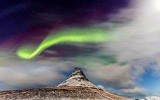 Картинка Исландия, ночь, северное сияние, гора, Kirkjufell