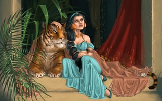 Картинка арт, девушка, Jasmine, тигр, листья, восток, растение, Rajah, Disney, принцесса, Aladdin, ступеньки