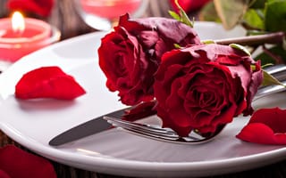 Картинка розы, посуда, свечи, красные, лепестки, тарелка, цветы