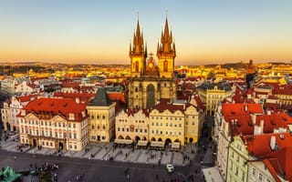 Картинка Прага, Чехия, дома, закат, панорама, площадь