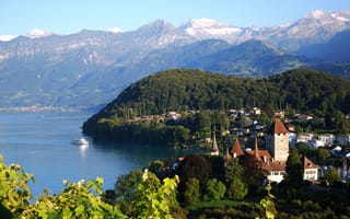 Картинка Швейцария, дома, город, озеро, горы, Spiez