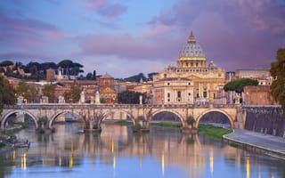Картинка Рим, пейзаж, небо, собор Святого Петра, мост, дома, Италия, облака, река Тибр