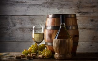 Картинка бочонок, виноград, вино, бутылка, грозди, белое, пробки, бокал