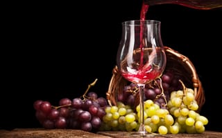 Картинка корзина, виноград, вино, бокал
