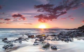 Картинка Hawai, камни, рассвет, океан, берег, Kihei