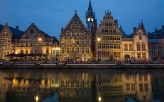 Картинка Гент, канал, Фландрия, Бельгия, дома, огни, вечер, небо, люди