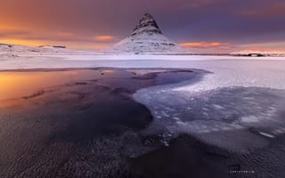 Картинка Исландия, Kirkjufell, вечер, гора, снег, зима, вулкан
