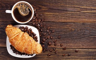Обои croissant, завтрак, круассан, breakfast, кофе, выпечка, зерна