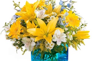 Картинка лилии, ваза, ромашки, букет