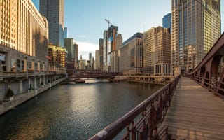 Картинка Chicago, река, утро, город, Illinois, мосты, Чикаго, США, Иллинойс, небоскребы