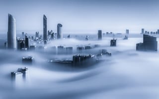 Картинка ОАЭ, город, Дубай, туман, небоскрёбы, утро, Dubai Marina