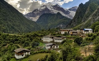 Картинка Китай, деревня, Yunnan, домики, горы, скалы, Yubeng, ущелье