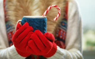 Картинка winter, hands, варежки, какао, кружка, руки, drink, зима, cup