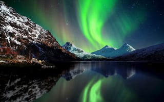 Картинка Норвегия, горы, ночь, северное сияние, снег, звезды, небо