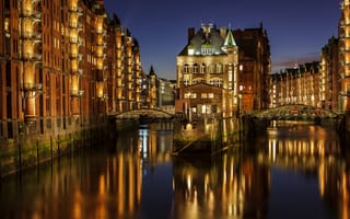Картинка Гамбур, канал, дома, Германия, огни, мост, ночь