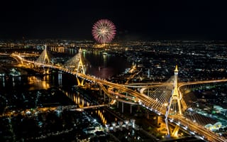 Картинка Таиланд, река, салют, дома, Bangkok, мост, ночь, огни