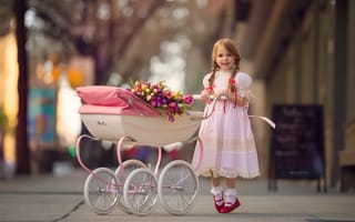 Картинка девочка, цветы, коляска