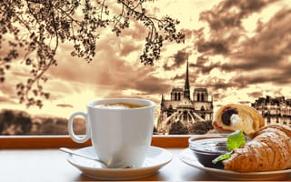 Картинка breakfast, завтрак, круассан, джем, кофе, cathedral, cup, coffee, Paris, Париж, croissant, Notre Dame, France