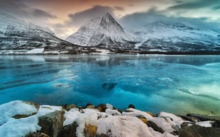 Картинка река, снег, природа, горы, рассвет, зима
