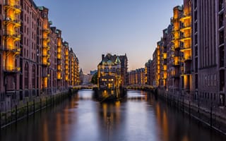 Картинка Гамбург, дома, канал, Германия, огни