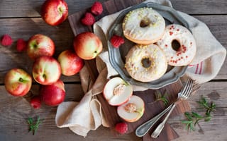 Картинка фрукты, ягоды, berries, sweet doughnuts, сладкие пончики, персики, fruits, малинка, Malinka, peaches