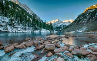 Картинка горы, снег, камни, озеро, склон