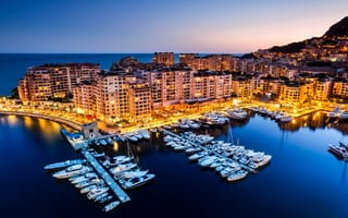 Картинка Монако, море, лодки, ночь, Fontvieille, причалы, дома, огни, катера, набережная