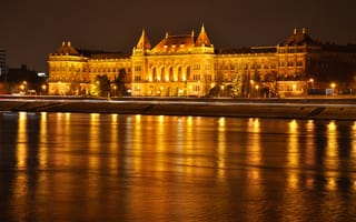 Картинка Будапешт, дворец, Венгрия, река, огни, ночь, небо