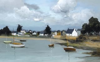 Картинка Марсель Диф, Boats at Port Navelo, Brittany, лодки, картина, бухта, пейзаж, дома