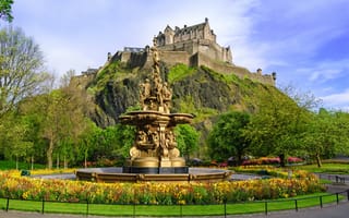Обои Шотландия, Edinburgh, замок, фонтан, Ross fountain, город