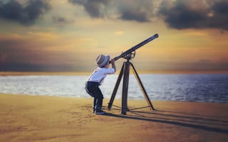 Картинка мальчик, телескоп, небо