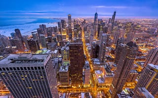 Картинка Chicago, зима, здания, небоскребы, подсветка, Illinois, высотки, город, USA, США, панорама, Чикаго, Иллинойс, вечер, огни