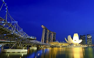 Обои marina bay, небо, мост, сингапур, отель, опора, отражение, singapore, огни, ночь