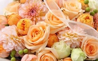 Картинка цветы, ленточка, хризантемы, розы