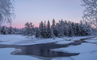 Картинка река, зима, закат